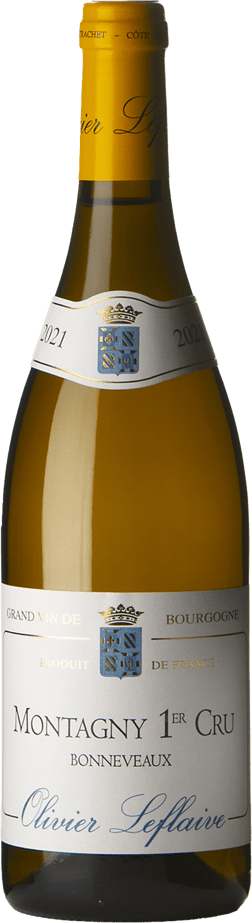En glasflaska med Olivier Leflaive Montagny Premier Cru Bonneveaux 2021, ett vitt vin från Bourgogne i Frankrike