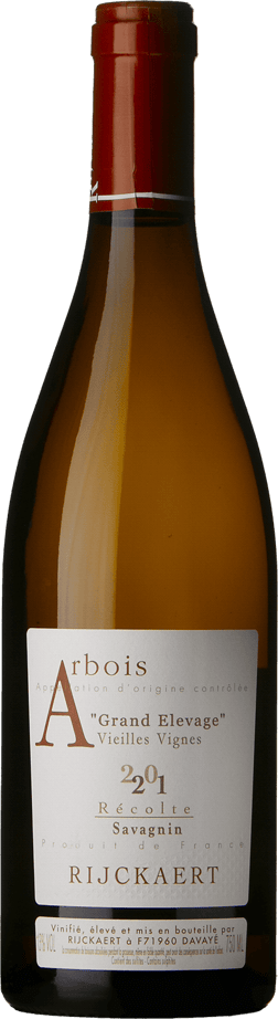 En glasflaska med Rijckaert Arbois Savagnin Grand Elevage 2021, ett vitt vin från Jura i Frankrike
