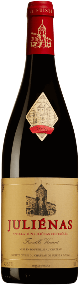 En glasflaska med Château Fuissé Juliénas 2020, ett rött vin från Bourgogne i Frankrike