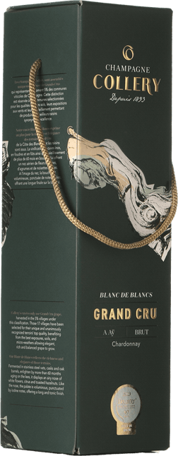 En glasflaska med Collery Blanc de Blancs Grand Cru NV, ett champagne från Champagne i Frankrike