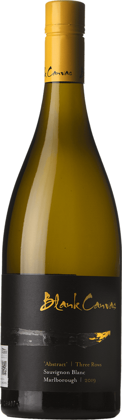 En glasflaska med Blank Canvas Abstract Three Rows Sauvignon Blanc 2019, ett vitt vin från Marlborough i Nya Zeeland