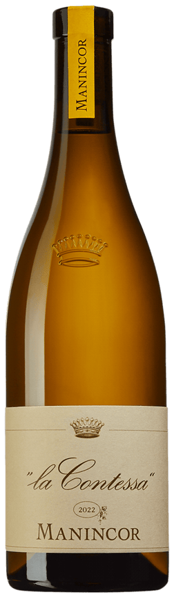 En glasflaska med Manincor La Contessa 2022, ett vitt vin från Trentino-Alto Adige i Italien