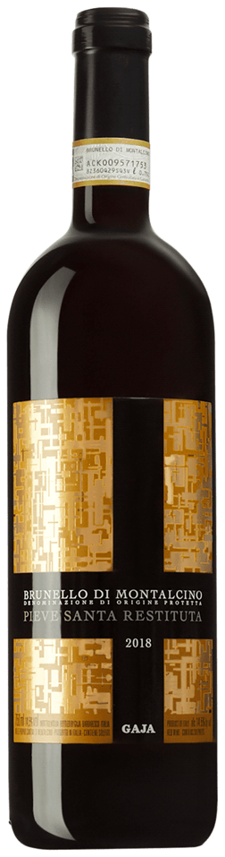 En glasflaska med Pieve Santa Restituta Brunello di Montalcino 2018, ett rött vin från Toscana i Italien