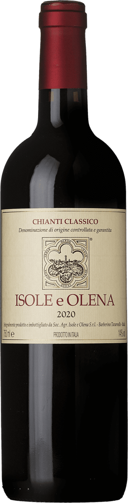 En glasflaska med Isole e Olena Chianti Classico 2020, ett rött vin från Toscana i Italien