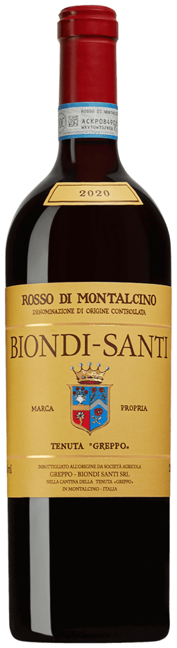 En glasflaska med Biondi-Santi Rosso di Montalcino 2020, ett rött vin från Toscana i Italien