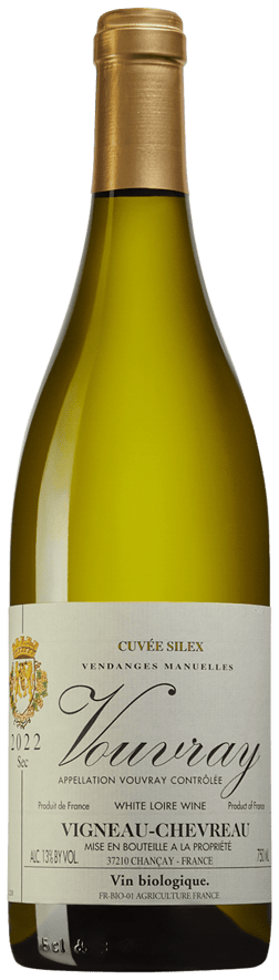 En glasflaska med Domaine Vigneau Chevreau Vouvray Cuvée Silex 2022, ett vitt vin från Loiredalen i Frankrike