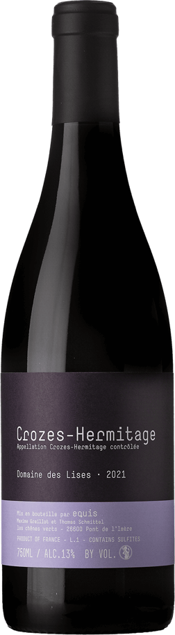 En glasflaska med Domaine des Lises Crozes-Hermitage 2021, ett rött vin från Rhonedalen i Frankrike