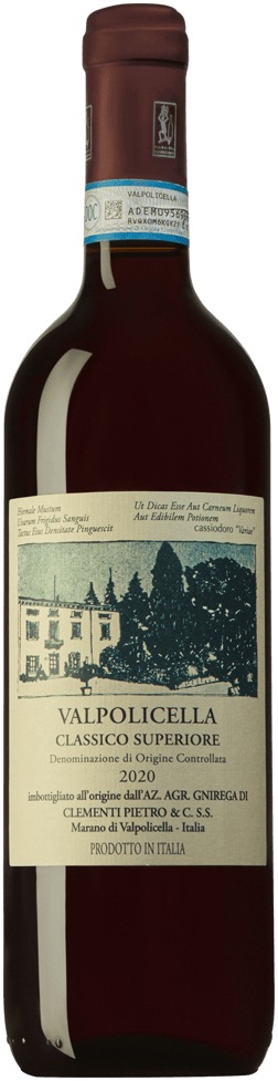 En glasflaska med Vini Pietro Clementi Valpolicella Classico Superiore 2020, ett rött vin från Venetien i Italien