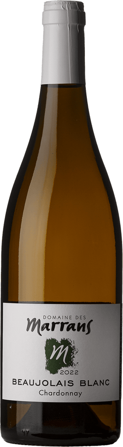 En glasflaska med Domaine des Marrans Beaujolais Blanc 2022, ett vitt vin från Bourgogne i Frankrike
