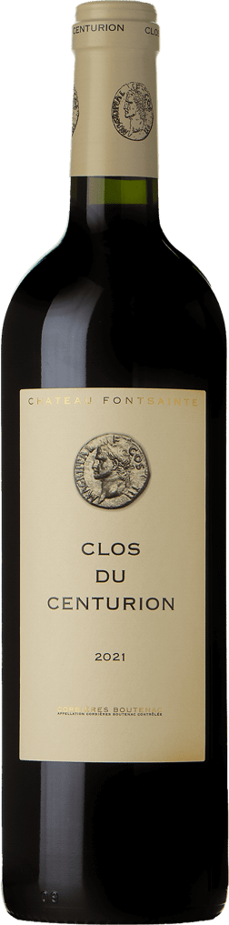 En glasflaska med Domaine Fontsainte Clos du Centurion 2021, ett rött vin från Languedoc-Roussillon i Frankrike