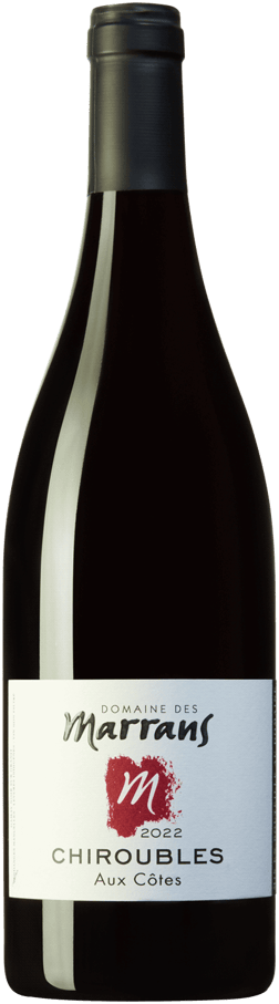 En glasflaska med Domaine des Marrans Chiroubles Aux Côtes 2022, ett rött vin från Bourgogne i Frankrike