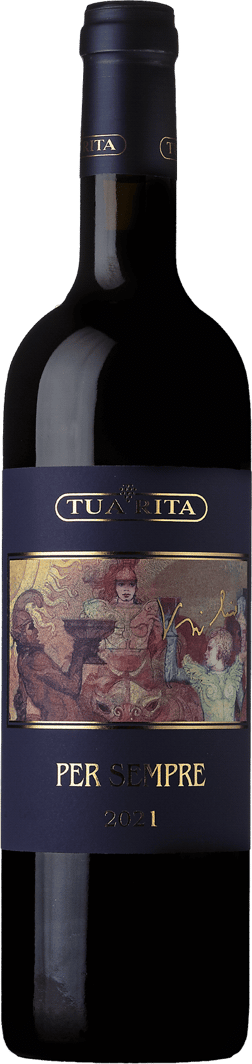 En glasflaska med Tua Rita Per Sempre Syrah 2021, ett rött vin från Toscana i Italien