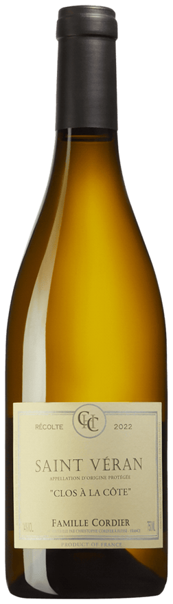 En glasflaska med Domaine Cordier Saint-Veran Clos à la Côte 2022, ett vitt vin från Bourgogne i Frankrike