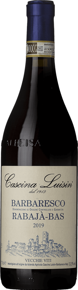 En glasflaska med Cascina Luisin Barbaresco Rabajà Bas 2019, ett rött vin från Piemonte i Italien