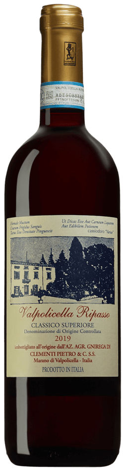 En glasflaska med Vini Pietro Clementi Valpolicella Ripasso Superiore 2019, ett rött vin från Venetien i Italien