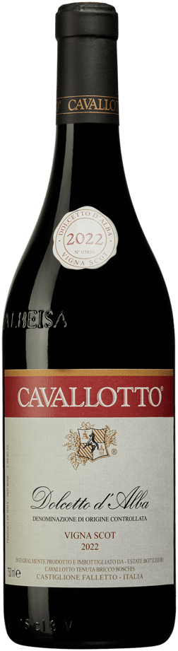 En glasflaska med Cavallotto Dolcetto d'Alba Vigna Scot 2022, ett rött vin från Piemonte i Italien