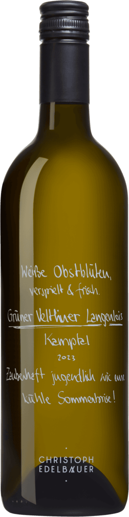 En glasflaska med Christoph Edelbauer Grüner Veltliner Langenlois 2023, ett vitt vin från Niederösterreich i Österrike