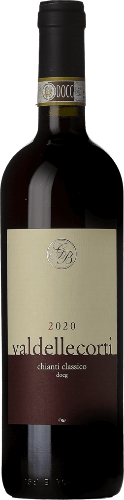 En glasflaska med Val delle Corti Chianti Classico 2020, ett rött vin från Toscana i Italien