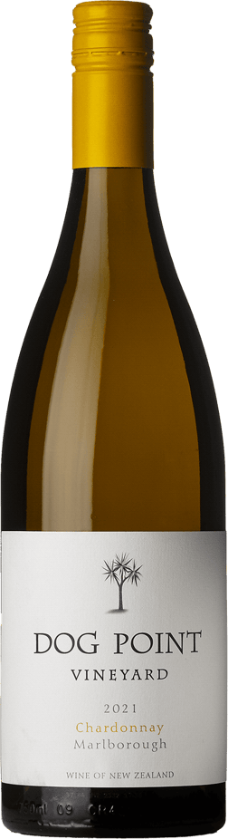 En glasflaska med Dog Point Vineyards Chardonnay 2021, ett vitt vin från Marlborough i Nya Zeeland