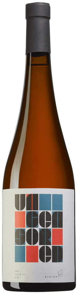 En glasflaska med BIKICKI UNCENSORED 2021, ett vitt vin från Serbien