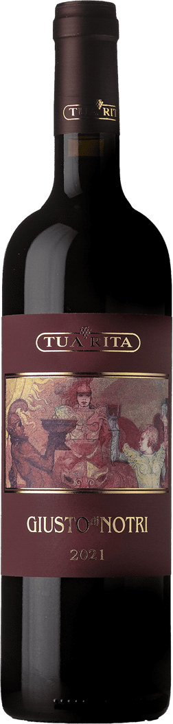 En glasflaska med Tua Rita Giusto di Notri 2021, ett rött vin från Toscana i Italien