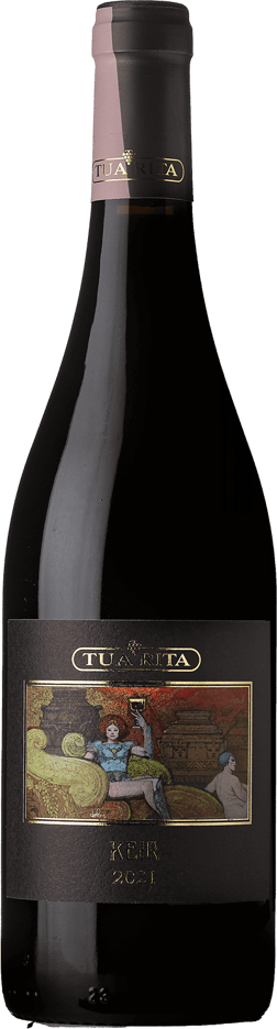 En glasflaska med Tua Rita Keir Syrah 2021, ett rött vin från Toscana i Italien