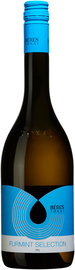 En glasflaska med Béres Furmint Selection 2022, ett vitt vin från Tokaj i Ungern