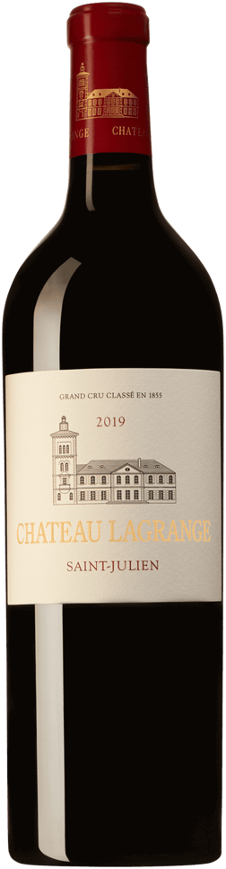 En glasflaska med Château Lagrange 2019, ett rött vin från Bordeaux i Frankrike