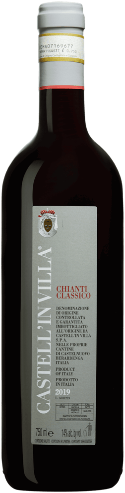 En glasflaska med Castell'in Villa Chianti Classico 2019, ett rött vin från Toscana i Italien