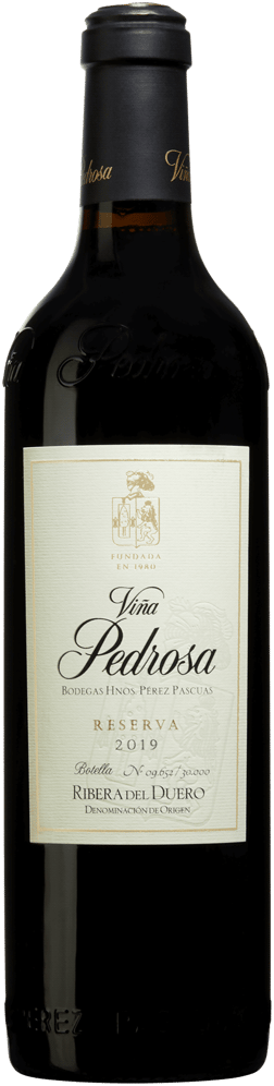 En glasflaska med Viña Pedrosa Reserva 2019, ett rött vin från Kastilien-León i Spanien