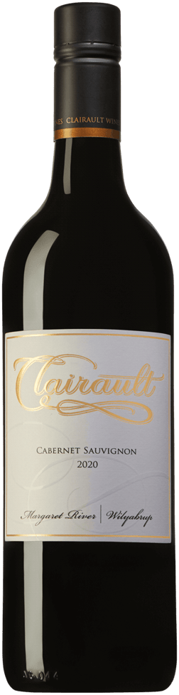 En glasflaska med Clairault Margaret River Cabernet Sauvignon 2020, ett rött vin från Western Australia i Australien