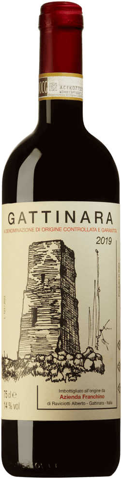 En glasflaska med Franchino Mauro Gattinara 2019, ett rött vin från Piemonte i Italien