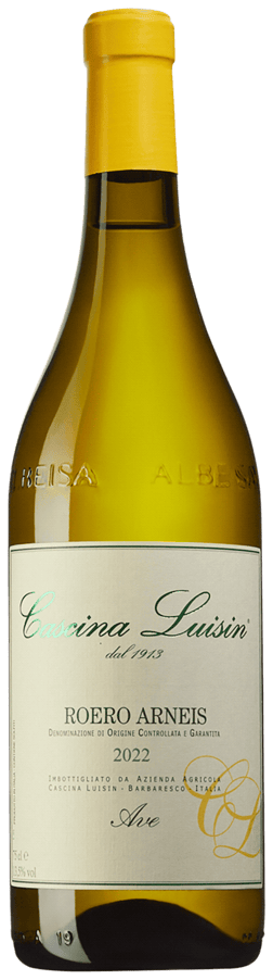 En glasflaska med Cascina Luisin Roero Arneis 2022, ett vitt vin från Piemonte i Italien