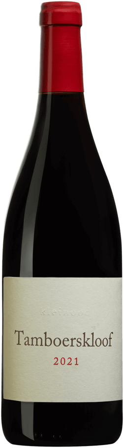 En glasflaska med Kleinood Tamboerskloof Syrah 2021, ett rött vin från Western Cape i Sydafrika
