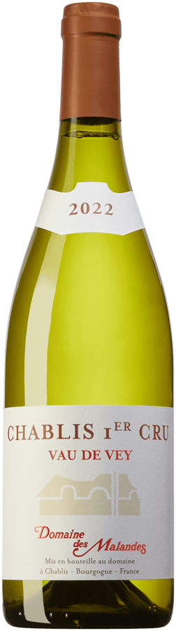 En glasflaska med Domaine des Malandes Premier Cru Vau de Vey 2022, ett vitt vin från Bourgogne i Frankrike