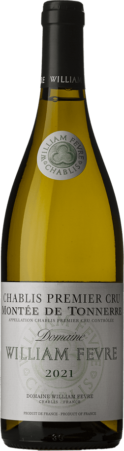 En glasflaska med William Fevre Chablis PC Montee de Tonnerre 2021, ett vitt vin från Bourgogne i Frankrike