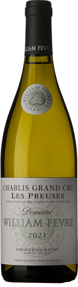 En glasflaska med William Fevre Chablis GC Les Preuses 2021, ett vitt vin från Bourgogne i Frankrike