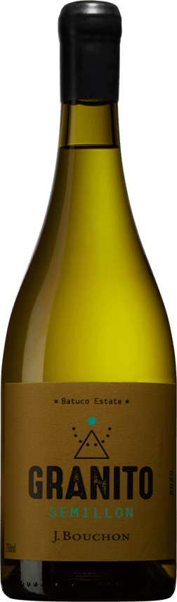 En glasflaska med J.Bouchon Granito Semillon 2020, ett vitt vin från Valle Central i Chile