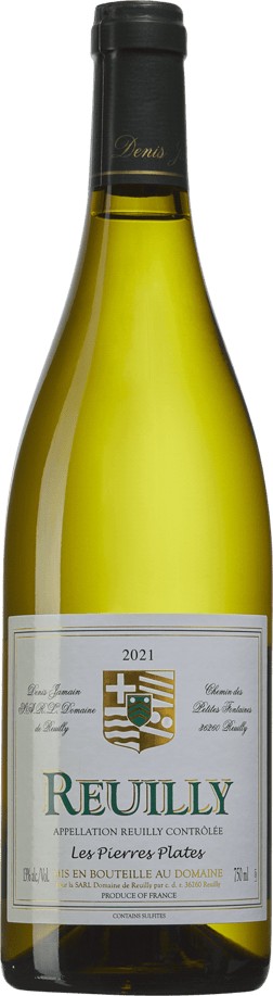En glasflaska med Domaine de Reuilly Les Pierres Plates 2022, ett vitt vin från Loiredalen i Frankrike
