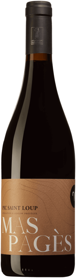 En glasflaska med Mas Pagès André 2022, ett rött vin från Languedoc-Roussillon i Frankrike