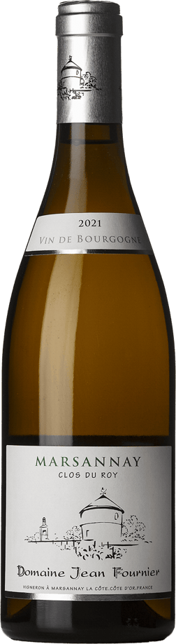 En glasflaska med Jean Fournier Clos du Roy Marsannay Blanc 2021, ett vitt vin från Bourgogne i Frankrike