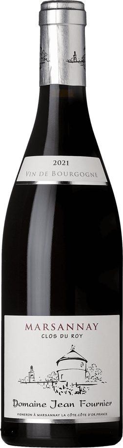 En glasflaska med Jean Fournier Clos du Roy Marsannay Rouge 2021, ett rött vin från Bourgogne i Frankrike