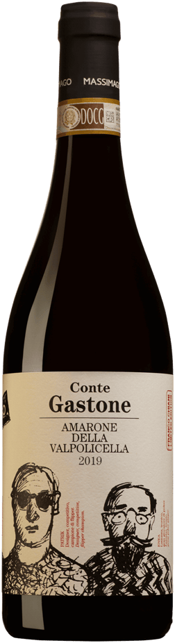 En glasflaska med Massimago Amarone della Valpolicella Conte Gastone 2019, ett rött vin från Venetien i Italien