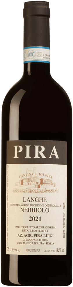 En glasflaska med Luigi Pira Langhe Nebbiolo 2021, ett rött vin från Piemonte i Italien