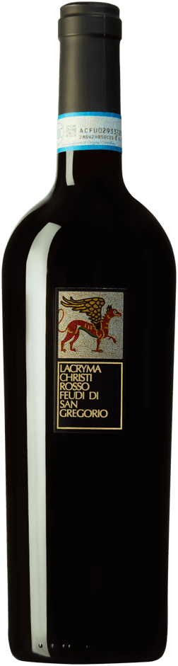 En glasflaska med Feudi di San Gregorio Lacryma Christi del Vesuvio Rosso 2022, ett rött vin från Kampanien i Italien