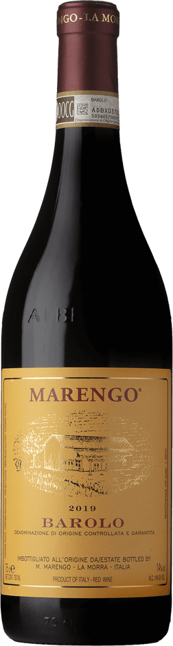 En glasflaska med M. Marengo Barolo 2019, ett rött vin från Piemonte i Italien
