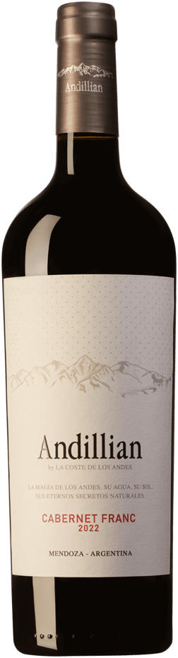 En glasflaska med La Coste de los Andes Andillian Cabernet Franc 2022, ett rött vin från Cuyo i Argentina