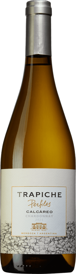En glasflaska med Bodegas Trapiche Perfiles Calcareo Chardonnay 2022, ett vitt vin från Cuyo i Argentina