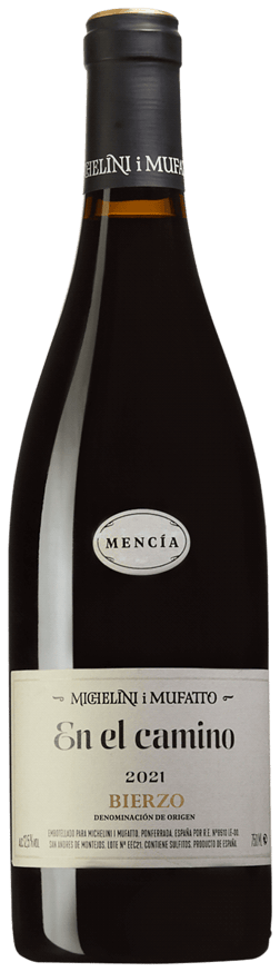 En glasflaska med Michelini i Muffato En El Camino 2021, ett rött vin från Kastilien-León i Spanien