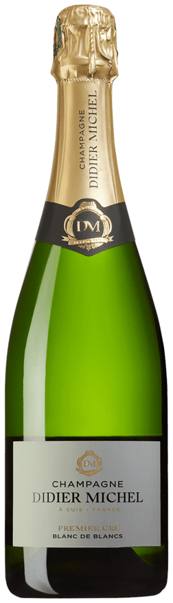 En glasflaska med Champagne Didier Michel Premier Cru Blanc de Blancs Brut, ett champagne från Champagne i Frankrike
